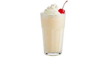 Creamy vanilla milkshake topped with whipped cream and a cherry, isolated on a transparent backdrop. png