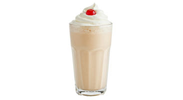 Delicious milkshake with whipped cream and cherry on top presented against transparent background. png
