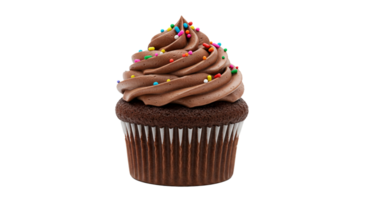A delectable chocolate cupcake showcases a swirl of smooth frosting and colorful sprinkles on top png
