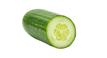 Fresh cucumber with a cut end reveals its juicy interior, vibrant green against transparency. png
