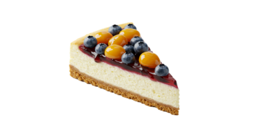 A delectable slice of cheesecake with a vibrant berry topping against transparency offers freshness png