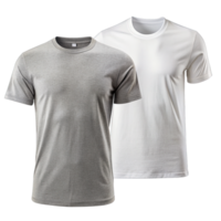 A photograph showcasing two round-collared t-shirts, one gray and one white, folded and laying flat without background png