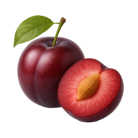 Plum Fruit with Leaf and Half Cut Showing Pit Transparent Background png