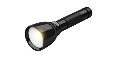 Black Flashlight With Illuminated Beam. Portable Lighting For Outdoor And Emergency Use Isolated On Transparent Background png
