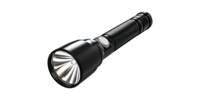 Black Tactical Flashlight. Portable Illumination For Outdoor And Emergency Use Isolated On Transparent Background png