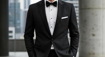 Stylish Man in Sparkling Black Tuxedo and Bow Tie Standing in Modern Urban Setting photo