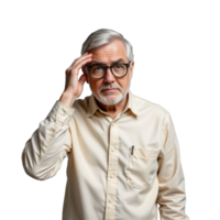 An older man with glasses and a beard is holding his head png