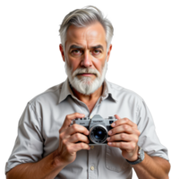 An old man with a beard and gray hair holding a camera png