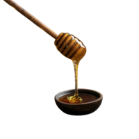honey dripping from a wooden stick on a plate with a bowl of honey png