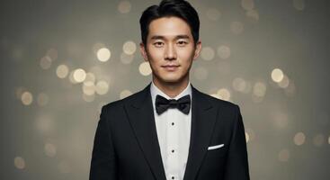 Elegant Asian Man in Black Tuxedo with Bow Tie Against Soft Bokeh Background photo