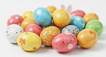 Colorful Assorted Easter Eggs with Sprinkles and Patterns on White Background photo