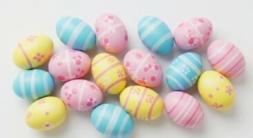 Collection of Colorful Easter Eggs with Floral and Stripe Patterns on White Background photo