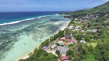 Aerial View of Anse Aux Pins Beach in Mahe Island Victoria in Seychelles. Scenic Scenery. video
