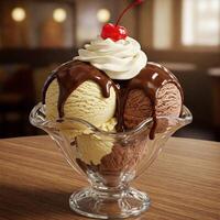 A glass bowl with ice cream and chocolate syrup photo