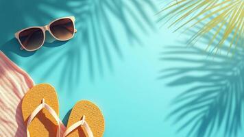Top view of beach accessories on a vibrant blue backdrop photo
