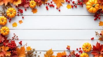 Cozy autumn scene with pumpkins, red and orange leaves photo
