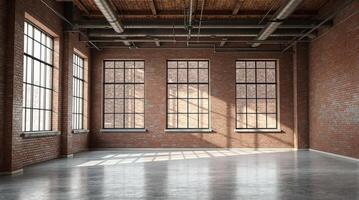 Empty industrial loft space with brick walls and concrete floor photo