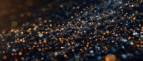 Intricate digital network of glowing orange particles and blue lines photo