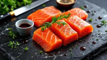 Fresh Slices of Salmon on Marble Surface Preparation Background Wallpaper photo