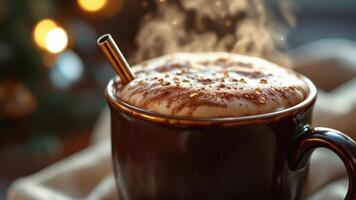 Steaming Hot Chocolate in Brown Mug Holiday Christmas Festive Background photo