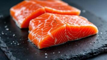 Fresh and Healthy Salmon Fillets Slices on Black Stone Plate photo