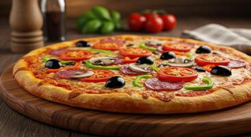 A Delicious and Appetizing Pizza Freshly Cooked Served On Wood photo