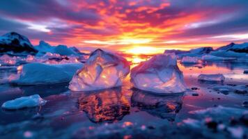 Frozen Ocean Landscape with Sky Fire and Ice Glaciers at Sunset photo
