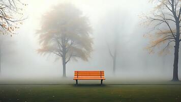 A Serene Foggy Morning Landscape with a Bench in Park photo