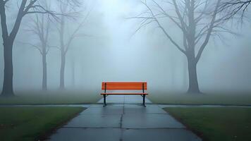 An Orange Bench on a Misty Path in the Park Landscape photo