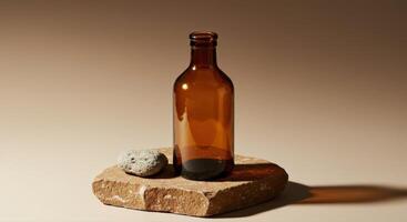 Empty Glass Bottle with Rock is on the Stone Platform photo