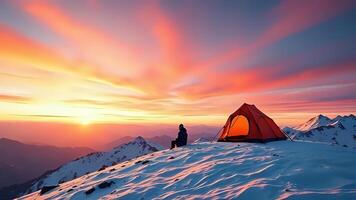 Spectacular Sunrise Above Snowy Mountains With Camping Tent and Person photo
