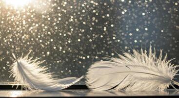 Elegant White Feathers Against Shimmering Background Lightness and Delicate Beauty photo