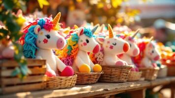 Handcrafted Adorable Unicorns Line Up in Baskets at the Local Fair photo