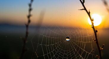 A spider web glistens with water drops at sunset background photo
