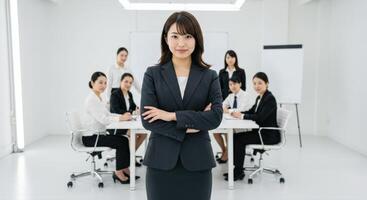 Asian Businesswoman Standing Out Proudly With Team Working at Meeting Table photo