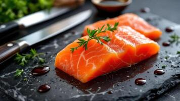 Fresh Raw Salmon Fillets on Black Stone Background Food Wallpaper photo