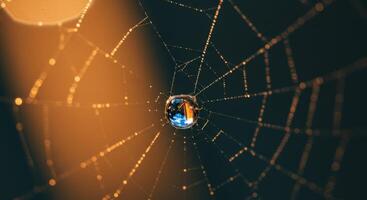 Close Up Shot Of Dew Drops On Spider Web Strand photo