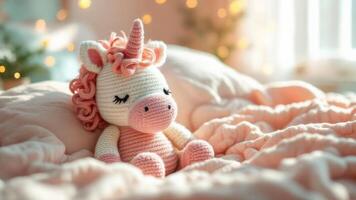 A Soft Crocheted Unicorn Toy on a Cozy Pink Bed photo