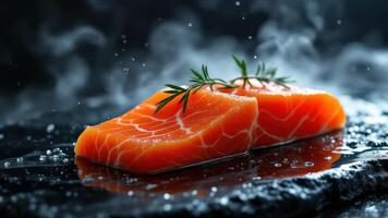 Fresh Salmon Fillet with Vapor on Dark Stone Background Wallpaper photo