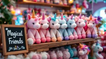 Cute Unicorns Plush Toys Shop Shelf Display Background Wallpaper photo
