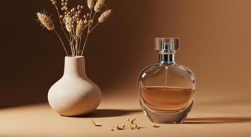 Elegant Perfume Bottle with Floral Arrangement on a Beige Background photo
