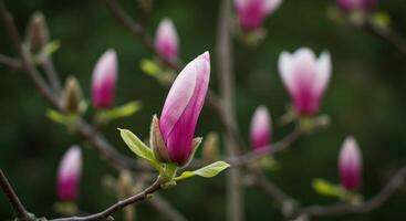 Magnolia Buds Blossoming on Branch in a Lush Green Garden photo