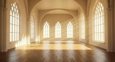 Golden Light Illuminating an Ornate Empty Room with Large Windows photo