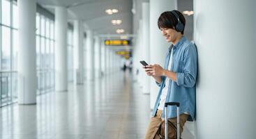Man using mobile phone in airport terminal waiting for flight photo