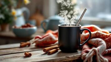 A Cozy Scene Hot Beverage Near Window on a Winter Day photo