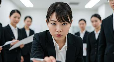 Intense Group of Candidates Focused on the Interview Process and Examination photo