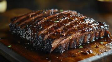 close-up of sliced brisket with a dark glaze on top photo