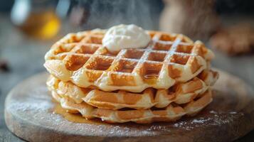 Stack of waffles with syrup and butter photo