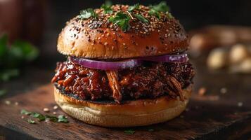 A pulled pork sandwich with red onion and parsley on a bun. photo