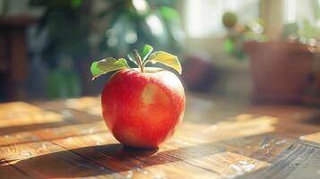 A single red apple on a wooden table photo